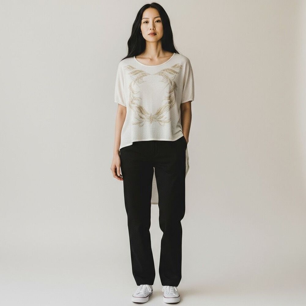 Mandee Solid White & Gold High Low Short Sleeve Blouse Beaded Round Neck size M